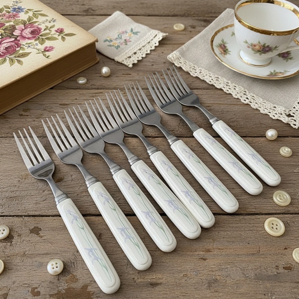 Corelle Shadow Iris Forks, Vintage 8 Piece Flatware, Corning Rostfrei Utensils